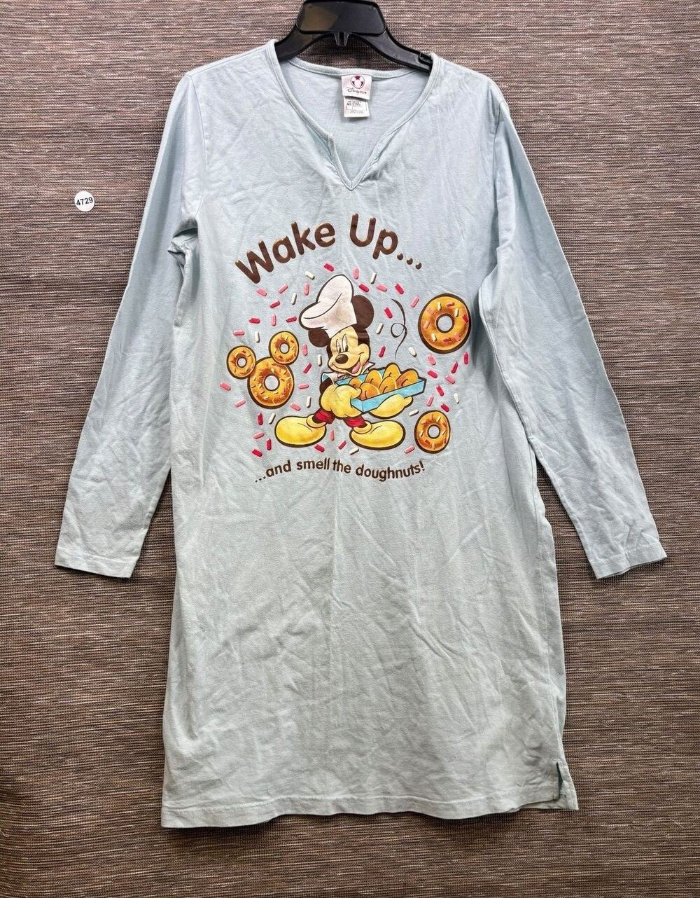 Disney Store Sleepshirt Womens M/L Blue Mickey Mouse Donut Cotton Long Sleeve